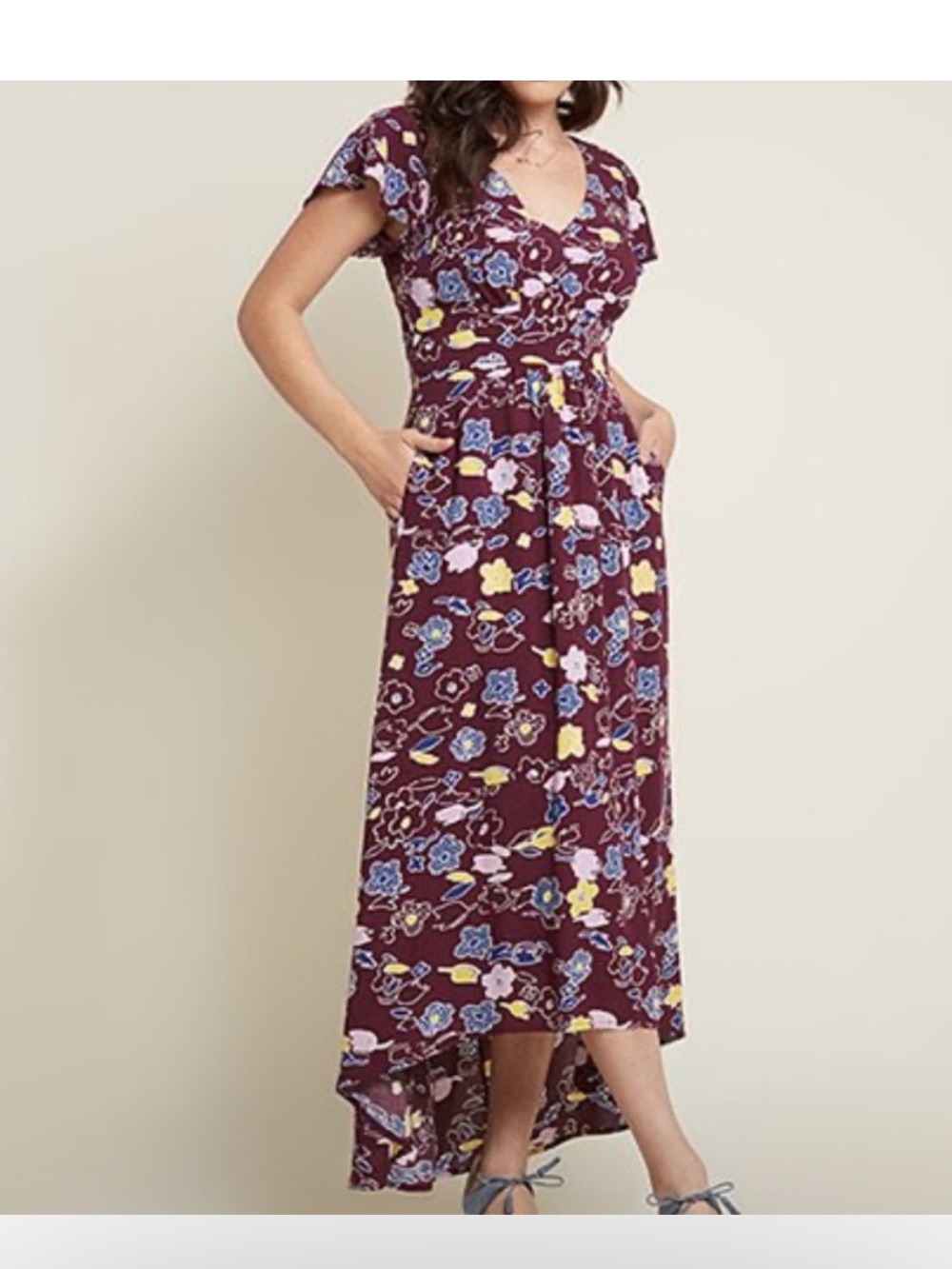 ModCloth Purple Floral High Low Tie Back V-neck Maxi Dress